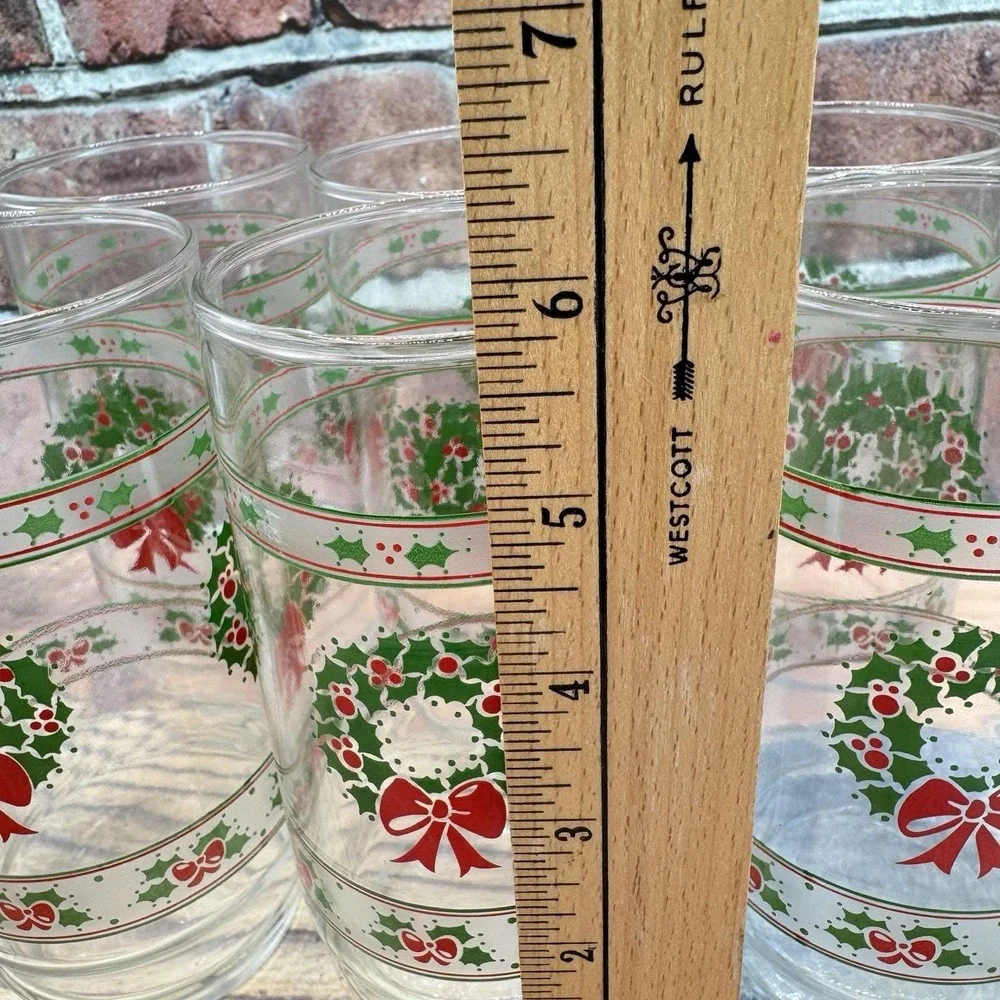 6 Indiana Glass Victorian Christmas Tumblers Glasses Holly Wreaths Set MCM Vtg
